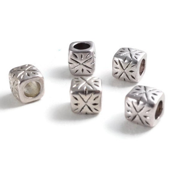 Antique Silver Large Hole Cube Beads. Package of 5 beads. 6mm hole perfect for macrame or leather. European style charm. Pandora Troll style
