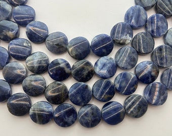 16mm Reverse Coin Sodalite Gemstone Beads. Full 16" strand of blue and white  coin beads, about 25 per strand. .