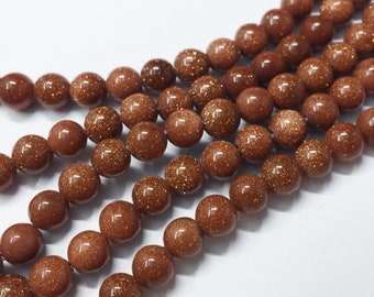 Goldstone Beads. 6mm round beads on 15 inch strand. Full strand of AAA Grade beads, 64 beads. Brown Goldstone or Sandstone. Very glittery