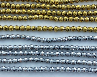 2mm Faceted Hematite Gemstone Beads. Plated Dark Gold or Silver Hematite. 16" strand of AA grade beads, about  200 beads.