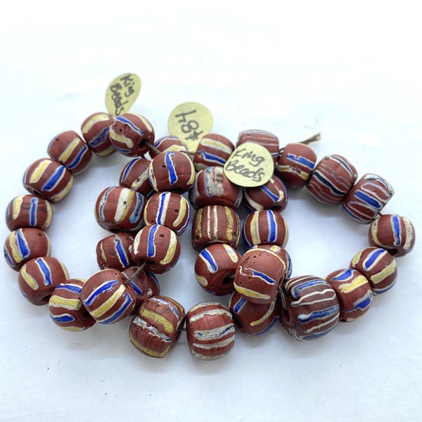 Antique Venetian African Trade KING Beads. Small strands of 12 striped, brick red King beads, sizes range from 10x12mm to 12x14mm.