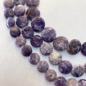 Coin Lepidolite and Quartz gemstone beads.  15&quot; strand of 12mm, 14mm and 16mm flat coin beads. A form of Mica.