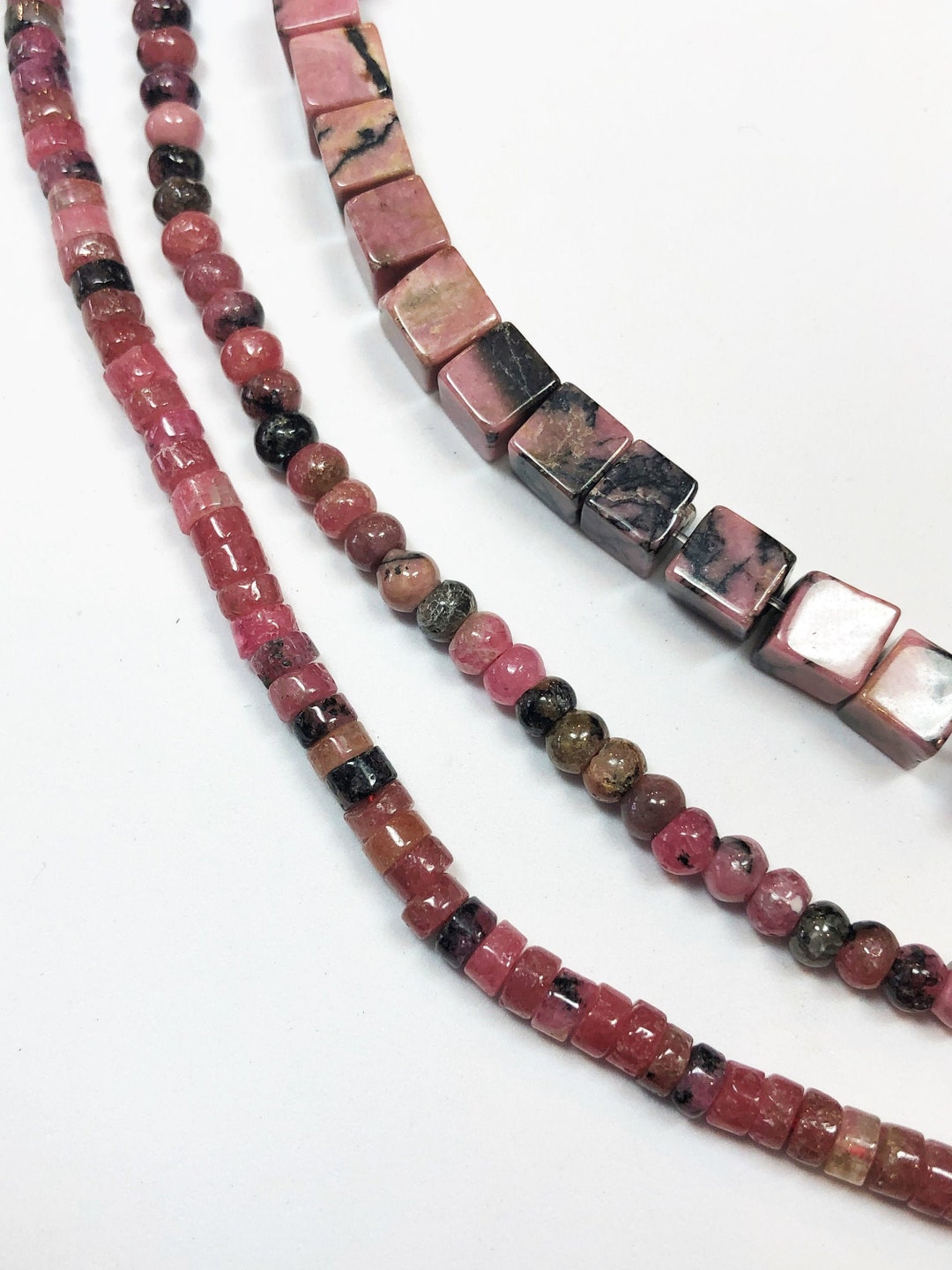 Russian Pink and Black Rhodonite Gemstone Beads. Full 15