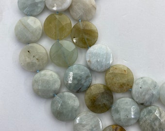 20mm Faceted Coin Mixed Aquamarine Gemstone Beads. Full 15" strand of quality A grade beads, 20 per strand. Mixed blue, white & yellows.