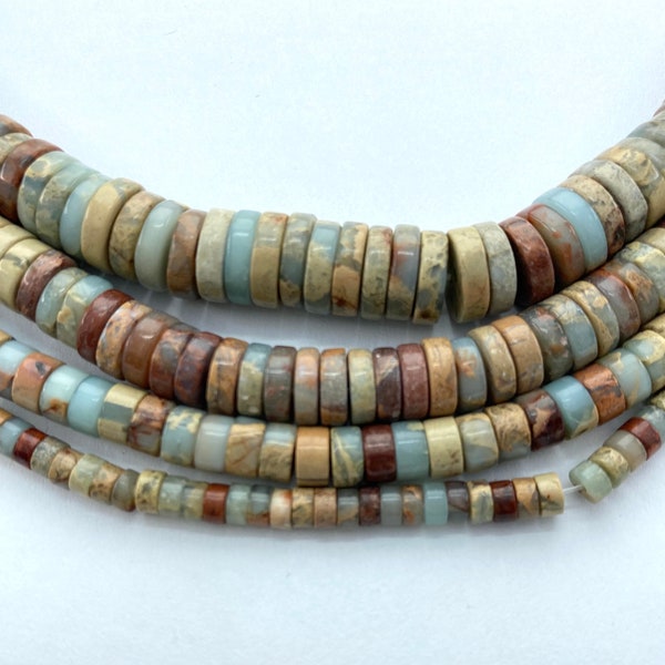 Heishi Aqua Terra Jasper Gemstone Beads.  15” strands of heishi cut beads, available in 4mm - 10mm.  A soft onyx marble.