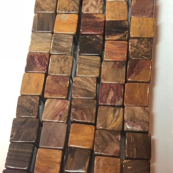 8mm Cube Shaped Petrified Wood Beads. 16" strand of high quality cube beads, roughly 48 per strand. Wooden Jasper. Wooden Agate.