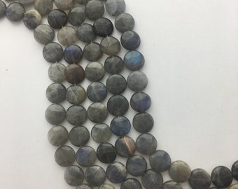 10mm Coin Labradorite Gemstone Beads. 15" strand of coin beads, 40 per strand. Grey/Green Labradorite with rainbow flash.