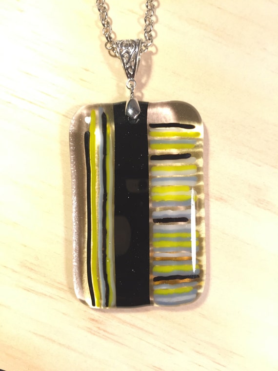 Necklace Fused Glass Pendant with Glass Stripes