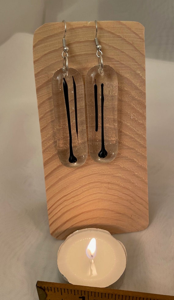 Earrings Fused Glass - Clear with Black Stripe Detail