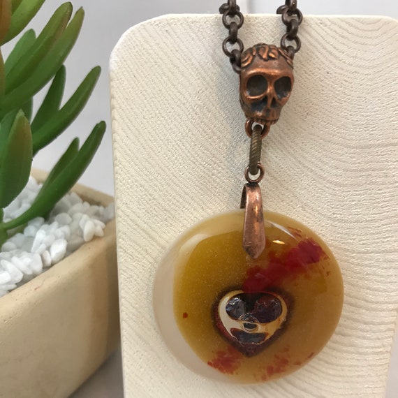 Necklace Fused Glass Pendant Copper Heart with Amber Love and a Skull