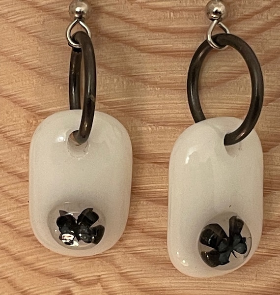 Earrings Fused Glass - Opaque White with Tiny Black and Blue Butterfly Murrini