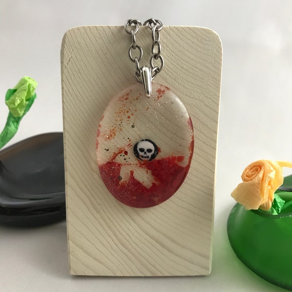 Necklace Fused Glass Pendant with a Skull Millefiori