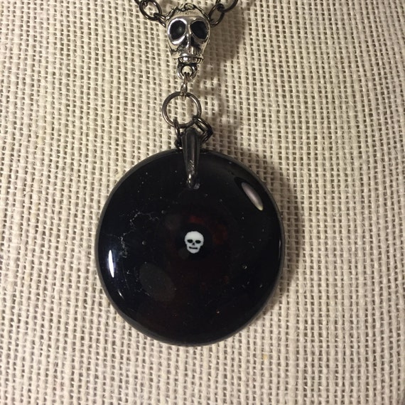 Necklace Fused GLass Pendant with Metal Skull; A dark storm