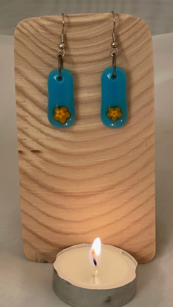 Earrings Fused Glass - Opaque Light Blue with Yellow Flower Murrini