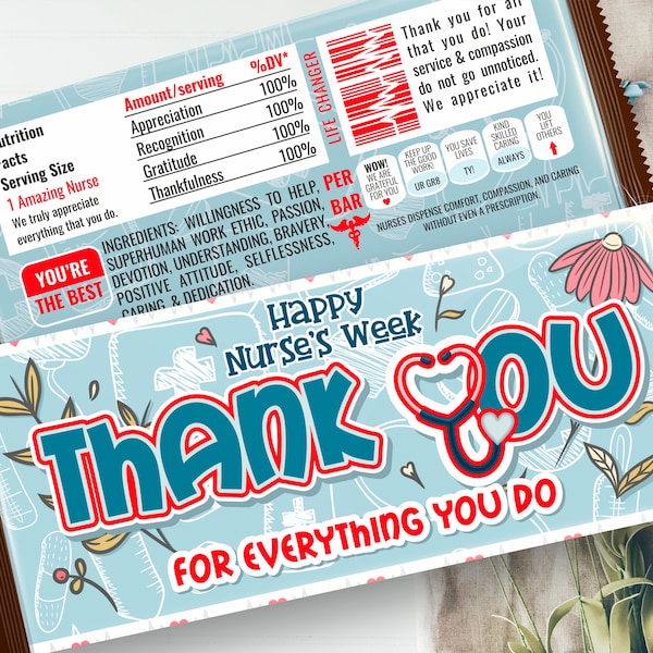 Nurses Week Gift Chocolate Bar Wrapper, Happy Nurses Week Candy Bar Wrapper for Instant Download, Thank You Nurses Candy Bar Wrappers