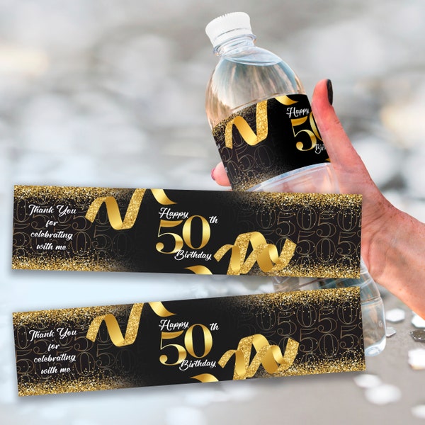 50th Birthday Gold Glitter Ribbons Water Bottle Labels, Gold Black Birthday Water Labels, Personalized Water Bottle Labels for Birthday