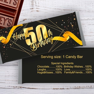 50th Birthday Candy Bar Wrappers 50th Birthday Design Candy Wrapper Black & Gold Chocolate Bar Wrapper 50th Birthday Candy Label Fits 1.55oz