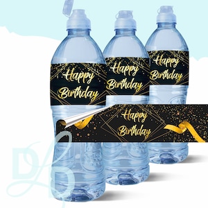 Schwarz Gold alles Gute zum Geburtstag Wasserflaschenetiketten, alles Gute zum Geburtstag Wasserflasche Etiketten, Sofort Download Geburtstag Wasserflasche Etikett