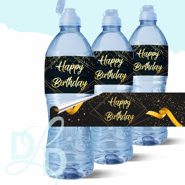 Black Gold Happy Birthday Water Bottle Labels, Happy Birthday Water Bottle Labels, Instant Download Birthday Water Bottle Label