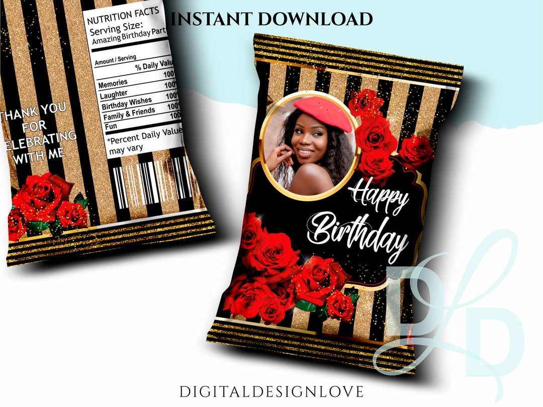 Personalized Gold Black Chip Bag, Roses Chip Bag Wrapper, Personalized