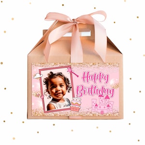 Personalized Princess Birthday Gable Gift Box Labels, Pink Gold Glitter Castle Birthday Treat Box Label, Little Princess Birthday Box Label