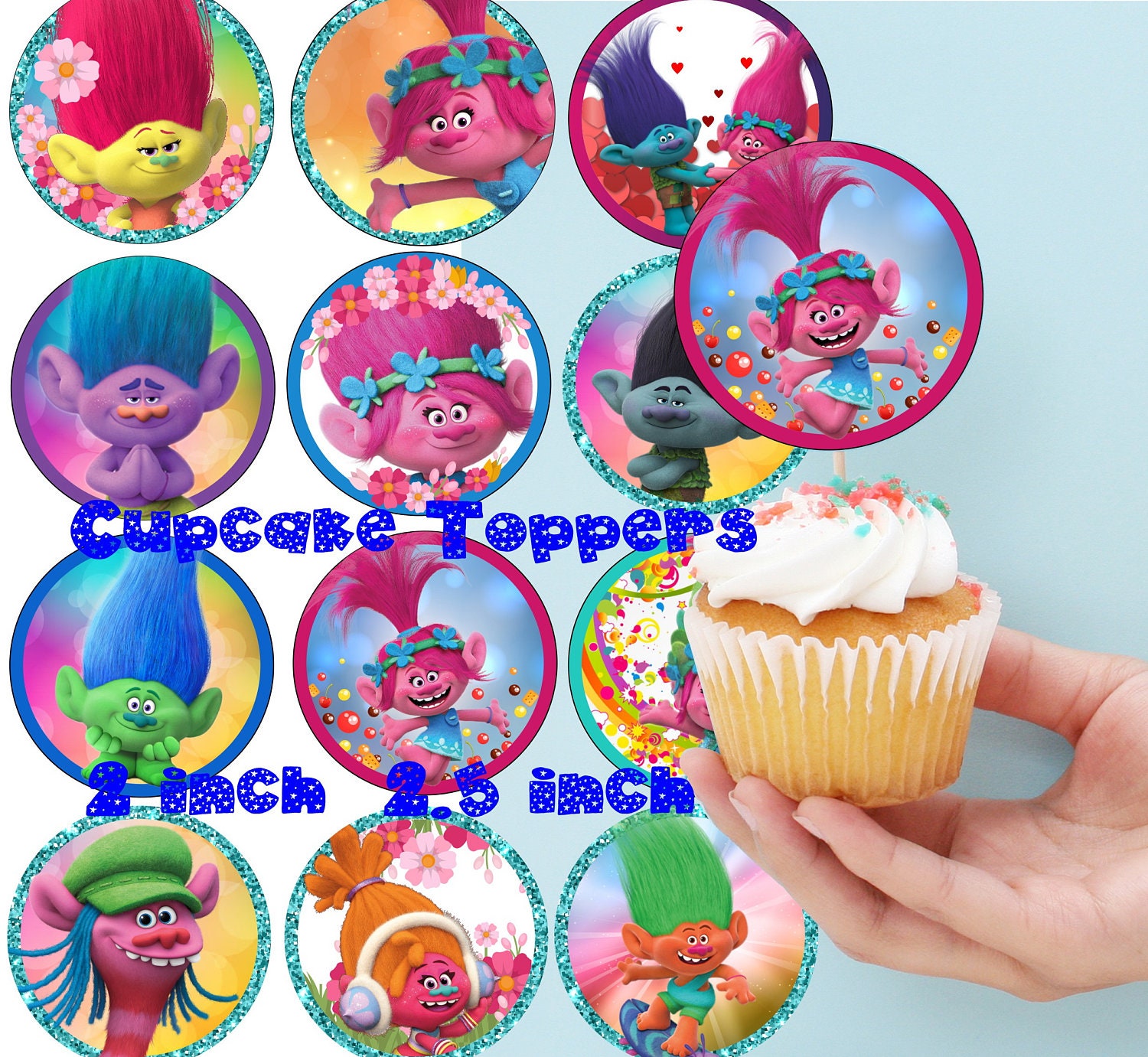 Trolls Inspired Cupcake Toppers Trolls Toppers 2 INCH 25 Inch Etsy