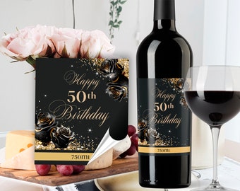 Etiqueta de vino personalizada con rosas negras y doradas para tu 50.º cumpleaños (descarga digital)
