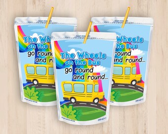 May include: Three yellow juice pouches with a school bus design and the text "The Wheels on the Bus go round and round..." printed on them. Each pouch has a straw insert and a 200 ml capacity.