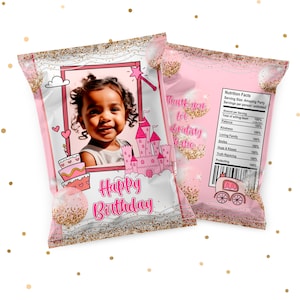 Envoltorio para bolsa de chips de cumpleaños de princesita personalizado, envoltorio para bolsa de chips de cumpleaños con castillo con purpurina rosa y dorado, bolsa de chips de cumpleaños personalizada