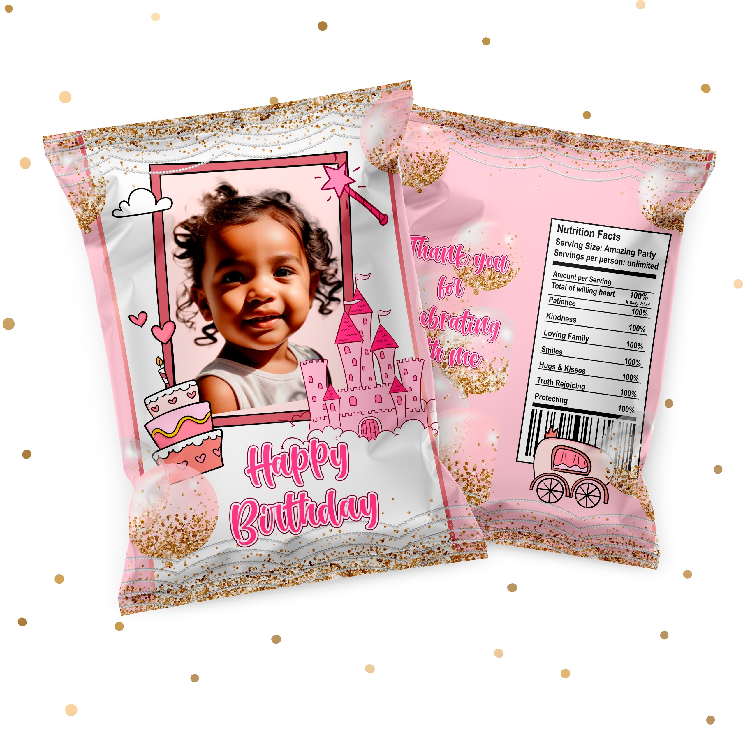 Personalized Little Princess Birthday Chip Bag Wrapper, Pink Gold Glitter Castle Birthday Chip Bag Wrapper, Personalized Birthday Chip Bag