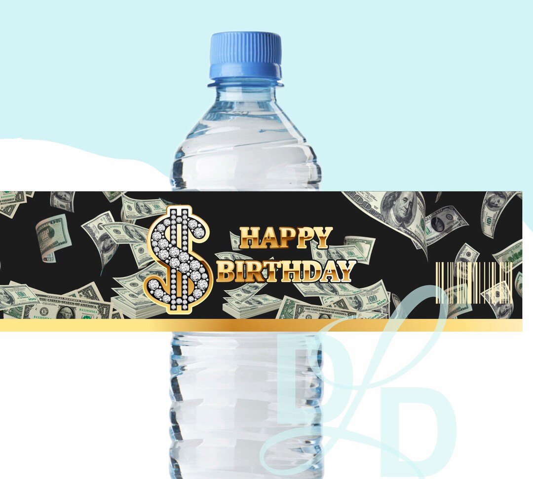 Money Themed Water Bottle Labels, Black Gold Printable Water Label