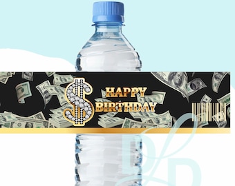Money Themed Water Bottle Labels, Black Gold  Printable Water Label, Gold Dollar Water Labels, Black Gold Birthday Water Labels, Gold Bday