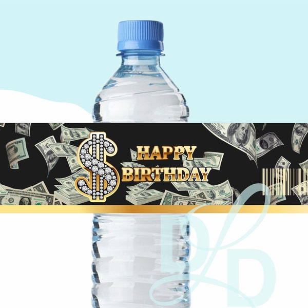 Money Themed Water Bottle Labels, Black Gold  Printable Water Label, Gold Dollar Water Labels, Black Gold Birthday Water Labels, Gold Bday