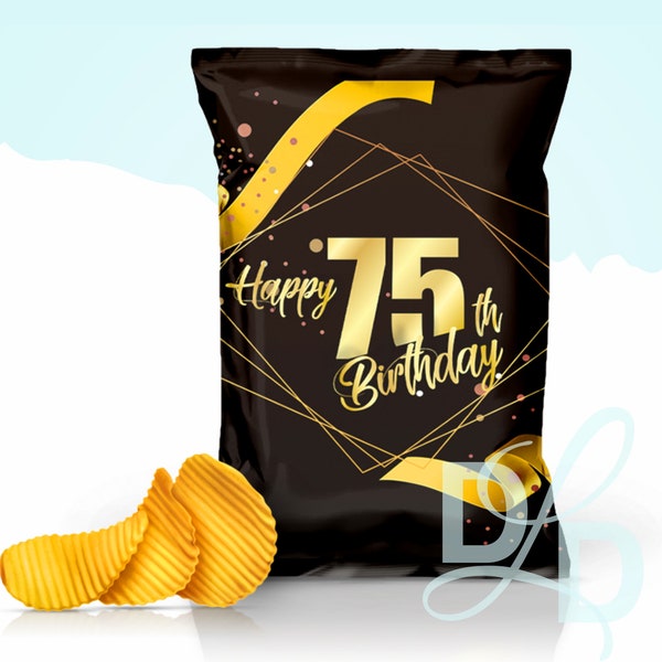 75th Birthday Chip Bag Printable 75th Birthday Chip Bag Birthday Chips bag Black & Gold Birthday Party Bag 75th Birthday Design 75th Party