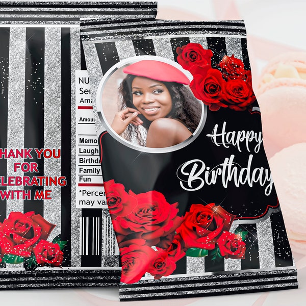Personalized Silver Black Chip Bag Wrapper, Roses Chip Bag Wrapper, Personalized Chip Bag for Birthday, Gold and Red Roses Birthday Chip Bag