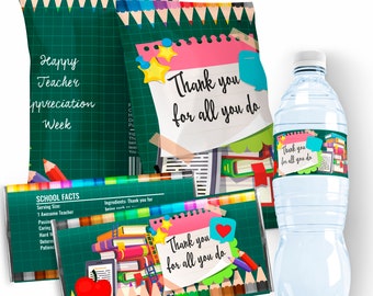 May include: Teacher appreciation gift set with a green chalkboard background. The set includes a chocolate bar, a bag of chips, and a water bottle. Each item has a label with the text "Thank you for all you do".
