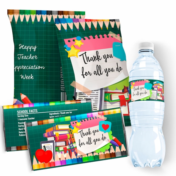 Teacher Appreciation Bundle, Teacher Appreciation Chips, Water Labels, Candy Bar Wrappers, Teacher Appreciation Chip Bag Thank You Teacher