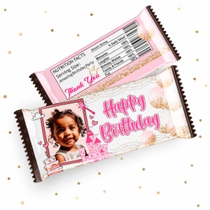 Gepersonaliseerde prinses verjaardag candy bar wrappers, roze goud glitter kasteel verjaardag chocoladereep wrapper, kleine prinses verjaardag wrapper