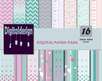 Digital paper pack heart digital paper hearts scrapbook papers background chevron stripe heart digital papers PRINTABLE Instant Download