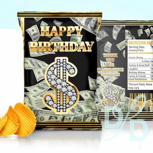 Sacchetto di patatine a tema denaro stampabile Sacchetto di patatine con soldi Design Buon compleanno Sacchetto di patatine Borsa per festa di compleanno nera e oro Sacchetto di patatine con soldi oro stampabile