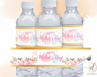 48 Etichette Adesive Rosa Per Bottiglie Acqua Festa Della Mamma - Scritte Happy Mother's Day