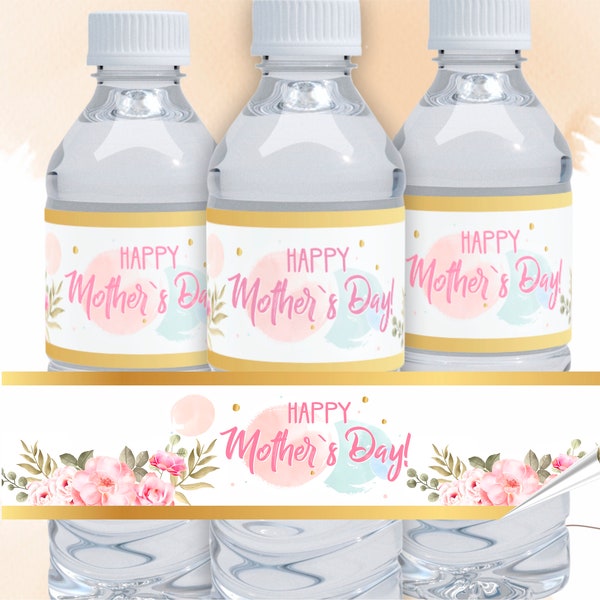 Mother's Day Water Bottle Label, Happy Mother's Day Water Bottle Label, Floral Water Bottle Label Instant Download, Personalized Gold Labels