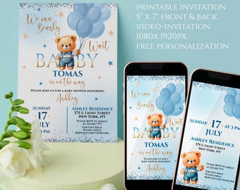 We Can Bearly Wait Teddy Bear Baby Shower Invitation: Blue, Printable & Video (Digital Download)