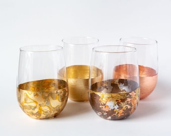 Set of 4 hand gilded Wine glasses.  Personalized Anniversary Wedding gift.  8 colour choices