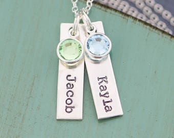 Silver Tag Necklace • Handstamped Tag Name Necklace Mom Jewelry Birthstone Gift • Custom Name Child Mommy Necklace • Birthstone Mother Gift