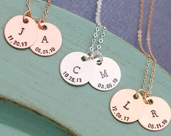 Children's Initial Necklace • Mother Gift • Sterling Silver Date Charm • 14K Rose Gold Initial Charm Custom Date Initial • Mom Necklace