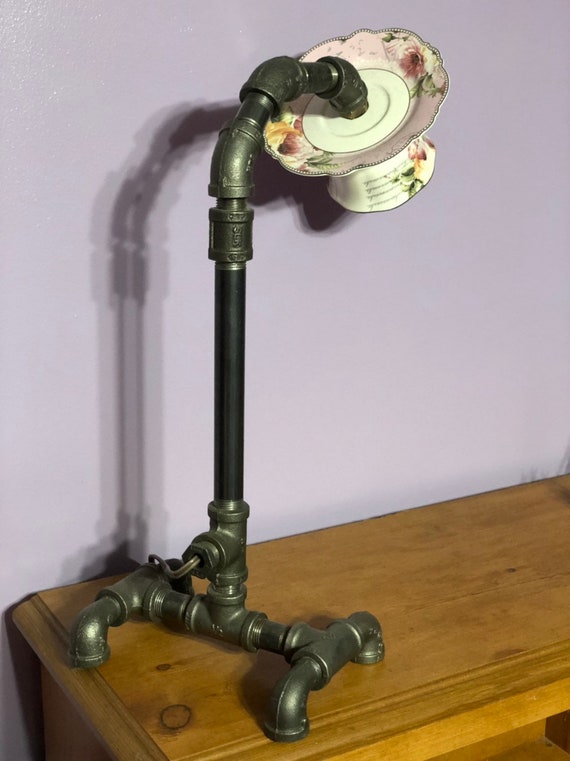 Pink Floral Tea Cup Saucer Black Pipe Table Lamp Steampunk Etsy