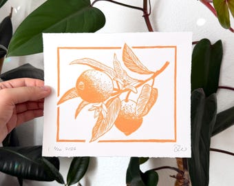 Lemon Branch – Orange | Original Handmade Linocut Art Print | Thyme & Space Design