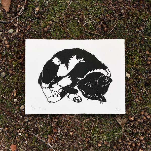 Sleeping Kitty | Linocut Print | Thyme & Space Design