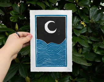 Ocean Moonrise | Linocut Print | Thyme & Space Design